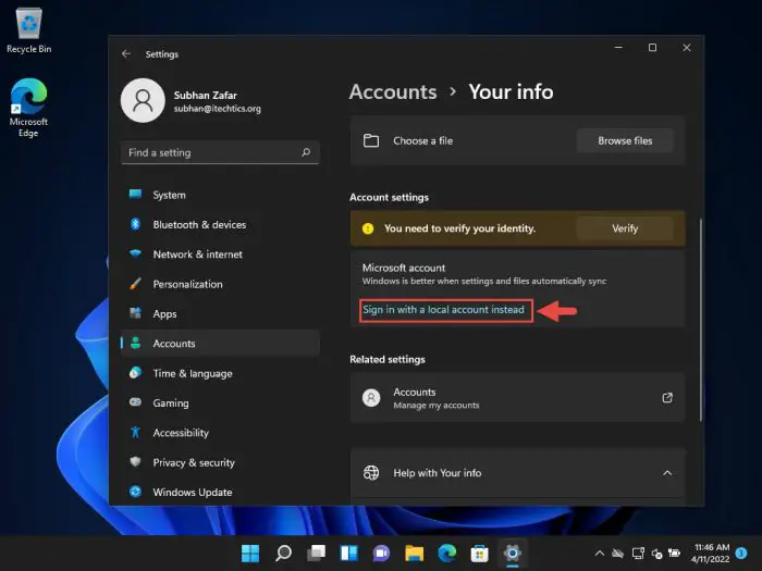 Switch to local account