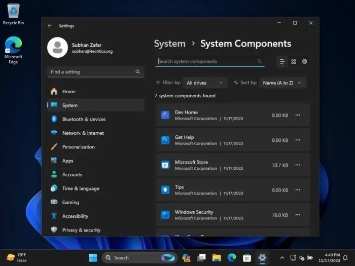 System Components Settings page