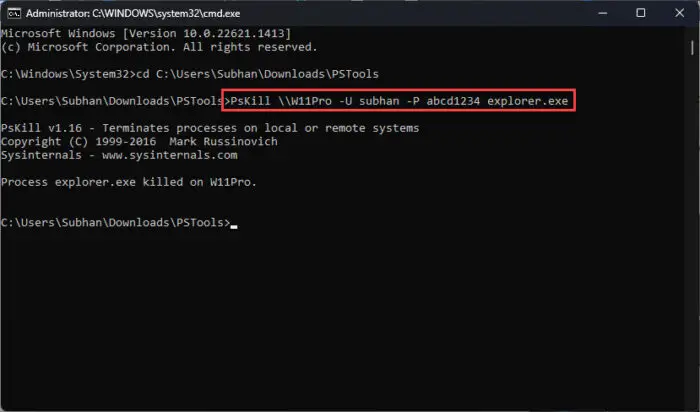 Terminate Windows process remotely using PsKill