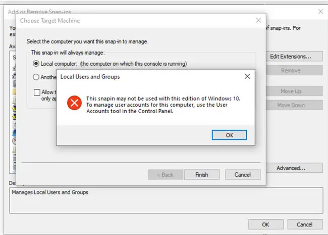 How to Enable Local User and Group Management (lusrmgr.msc) Console in Windows 10 Home 1 This snapin may not be used with this edition of Windows
