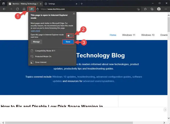 How to Enable and Use IE/Compatibility Mode on Microsoft Edge 10 toggle off done