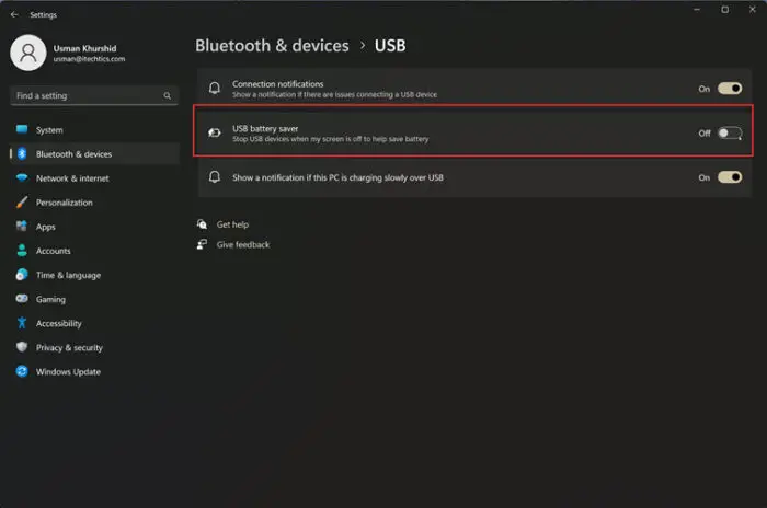 Toggle off USB battery saver