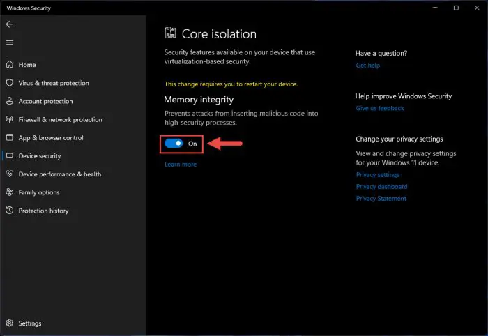 Toggle on memory intergrity 1