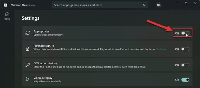 Turn off automatic app updates in Microsoft Store