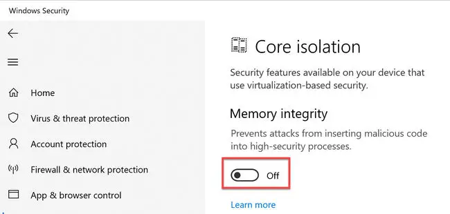 Turn off Memory integrity