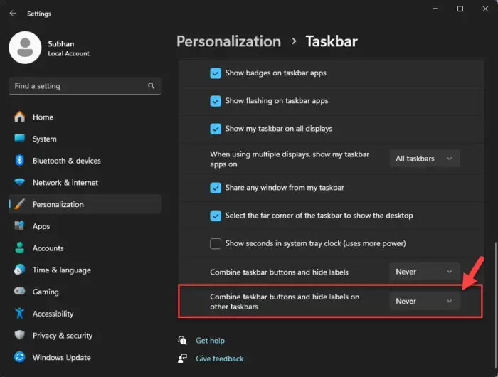 4 Ways To Enable Never Combine Taskbar Buttons in Windows 11 7 Ungroup taskbar icons from Settings on other displays as well
