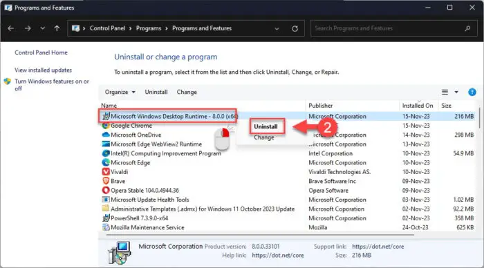Uninstall NET 8 from Programs and Features applet