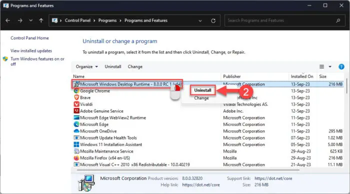 Uninstall NET from Programs and Features