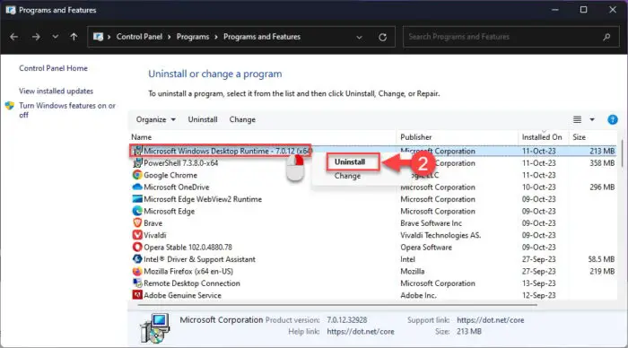 Uninstall NET from programs and Features