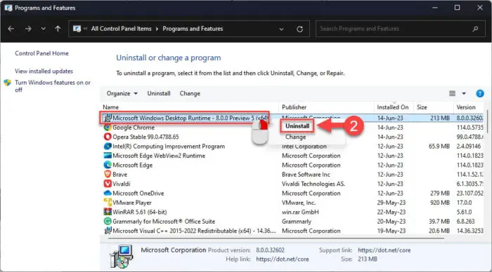 Uninstall NET from Programs and Features applet
