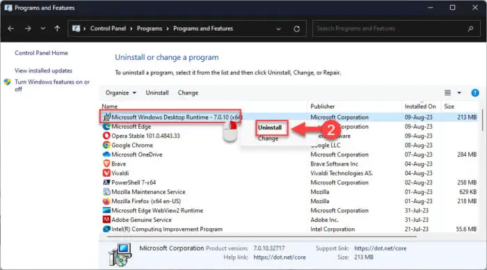 Uninstall NET from Programs and Features applet