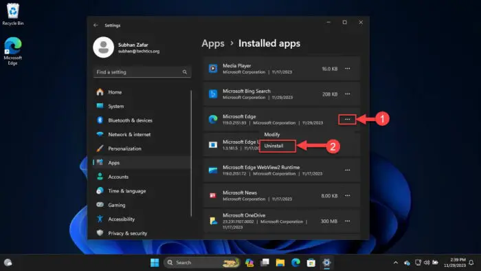 Uninstall Microsoft Edge from Settings