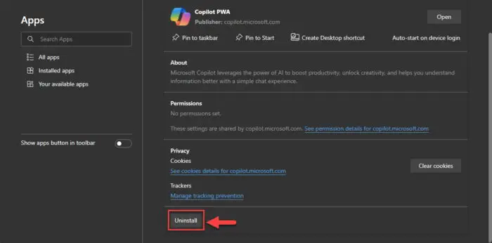 Uninstall the Copilot web app from Microsoft Edge