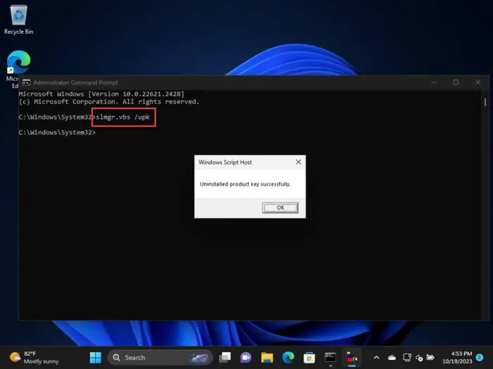 Uninstall the product key