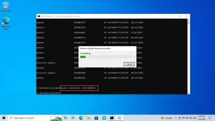 Uninstall update