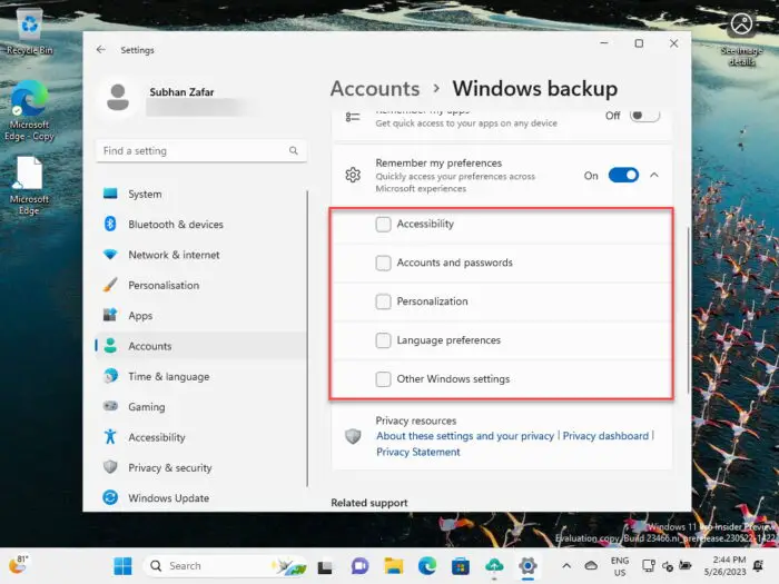Unselect preferences settings from backup