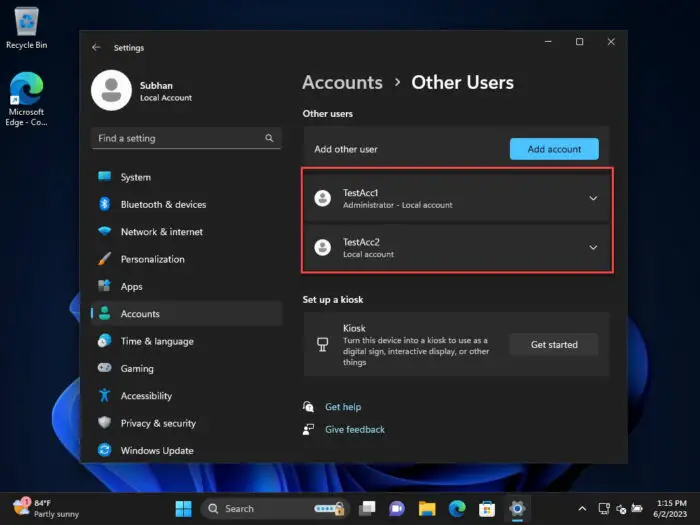 View all user accounts from Settings app
