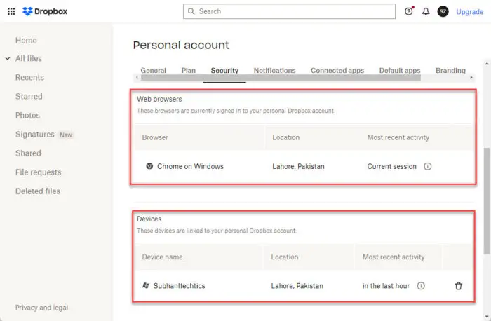 View browser and device history for Dropbox account