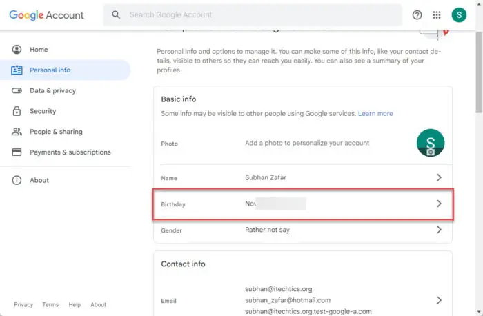 View or edit birthday in Google Account