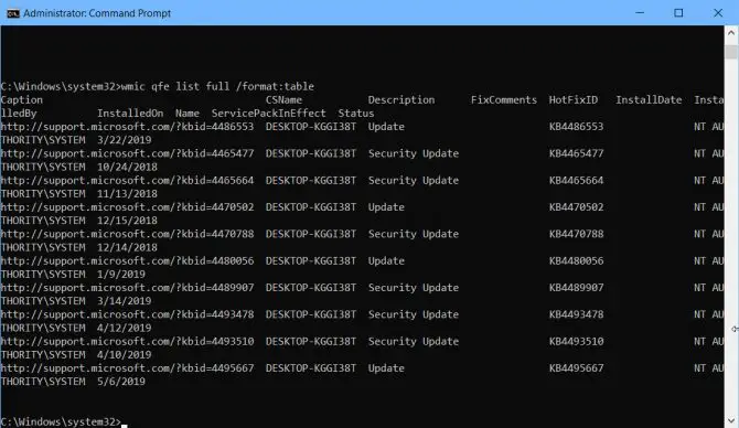 WMIC command to list installed Windows updates WMIC command to list installed Windows updates