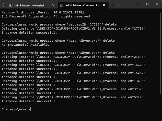 wmic commands to delete a process