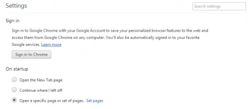 Google Chrome Start up Settings