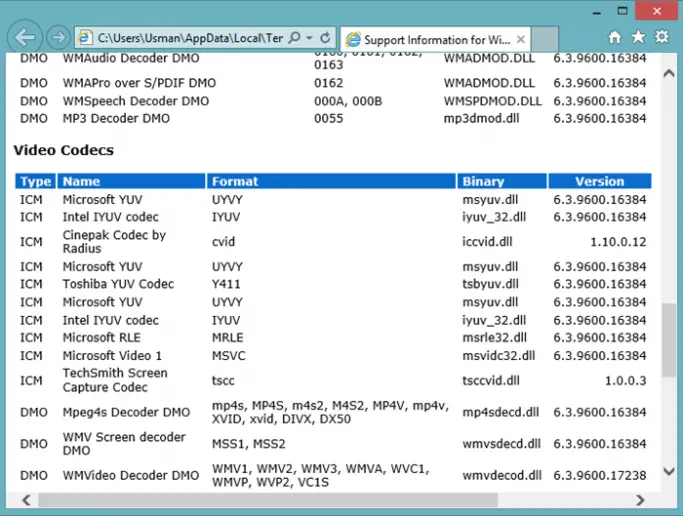 Codecs WMP technical support information web page