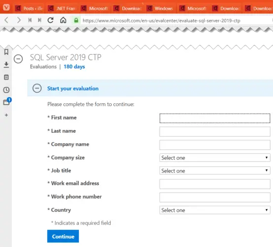 Complete form to start evaluation of SQL Server 2019