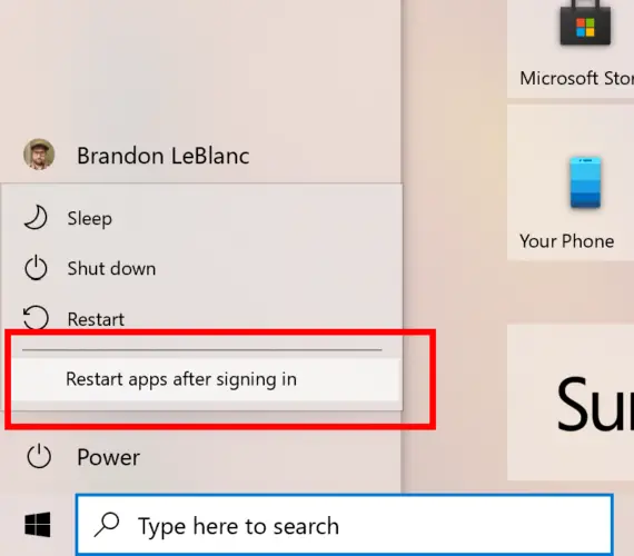 start menu option